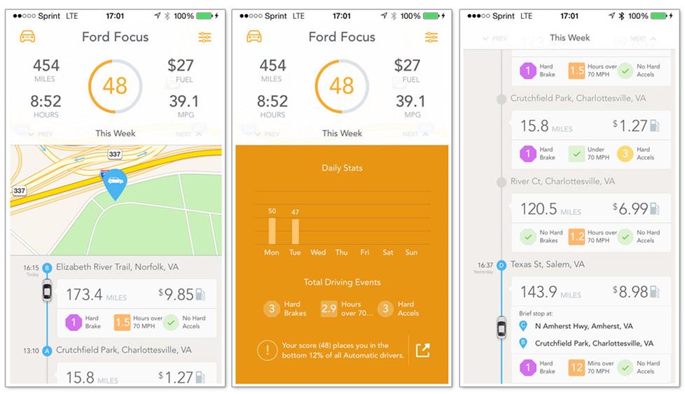 The Automatic app's performance analysis screens